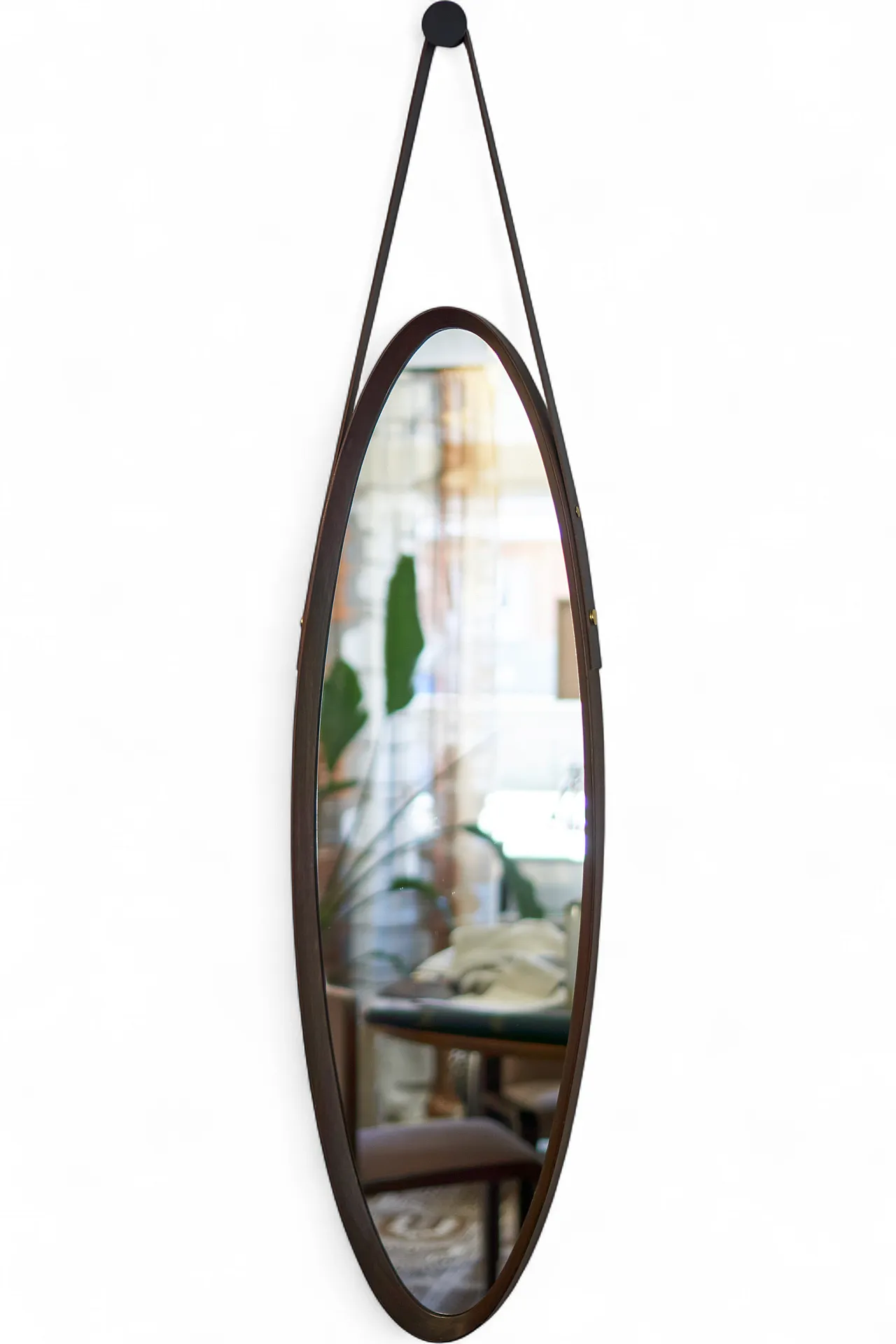 Specchio ovale in teak con cinghia in cuoio anni '60, italiano 7