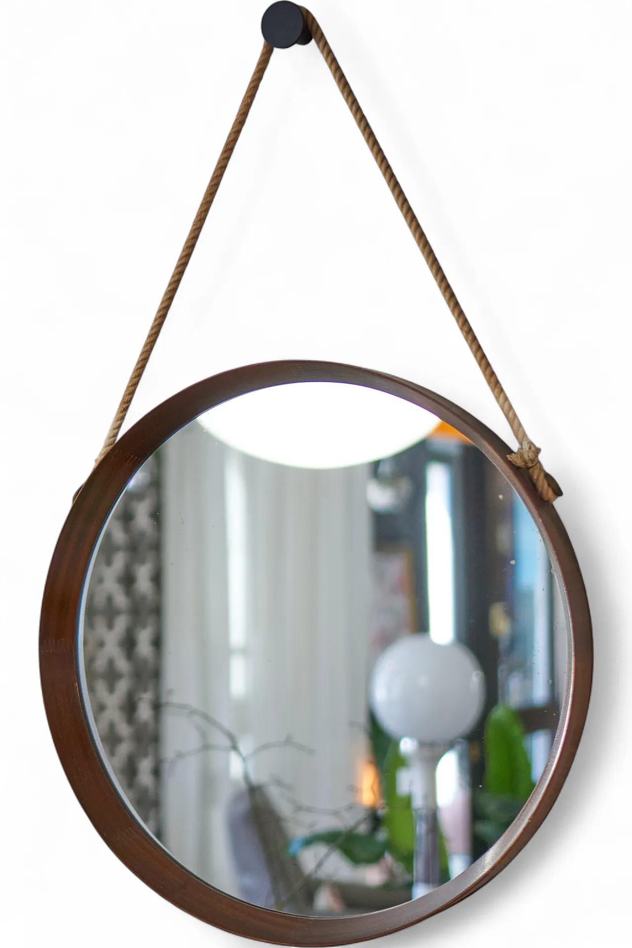 Specchio rotondo in teak con corda anni '60, stile scandinavo 7