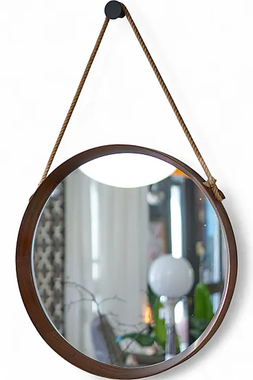 Specchio rotondo in teak con corda anni '60, stile scandinavo