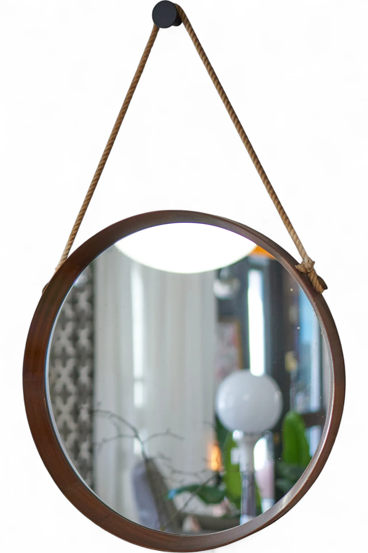 Specchio rotondo in teak con corda anni '60, stile scandinavo 8