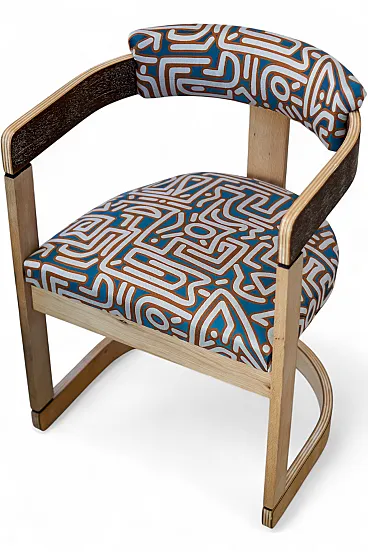 Poltroncina con braccioli, legno naturale e tessuto fantasia '70