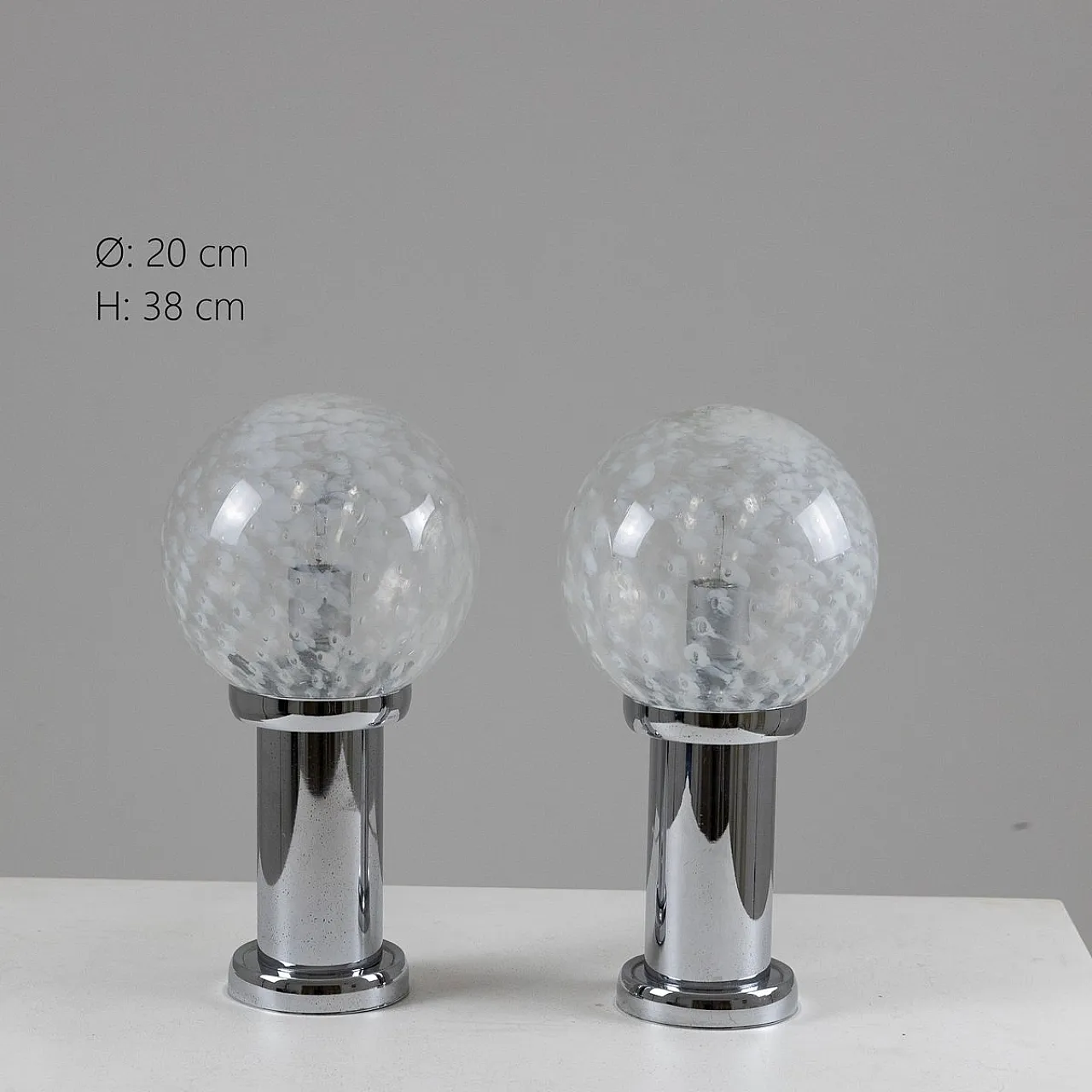 Pair of chromed metal and glass table lamps, 1960s 2