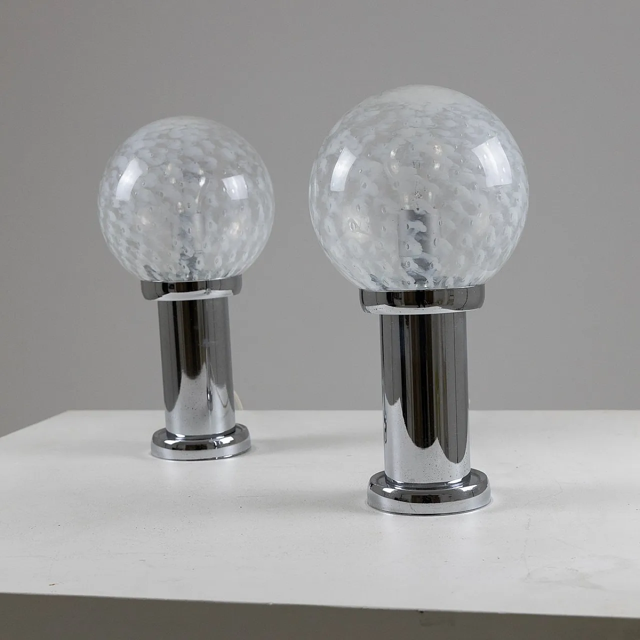 Pair of chromed metal and glass table lamps, 1960s 4