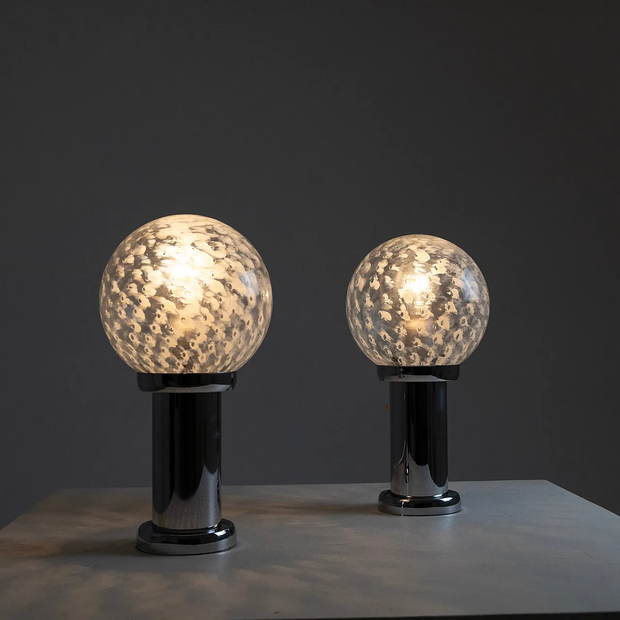 Pair of chromed metal and glass table lamps, 1960s 5