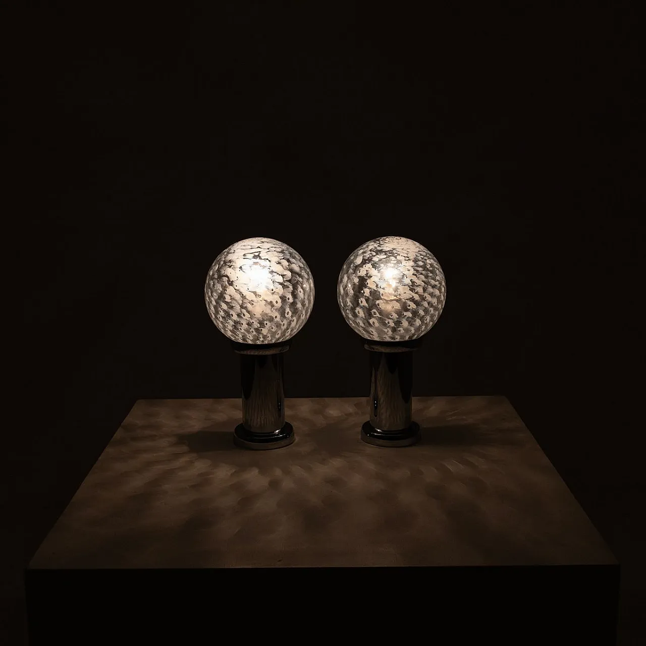 Pair of chromed metal and glass table lamps, 1960s 6