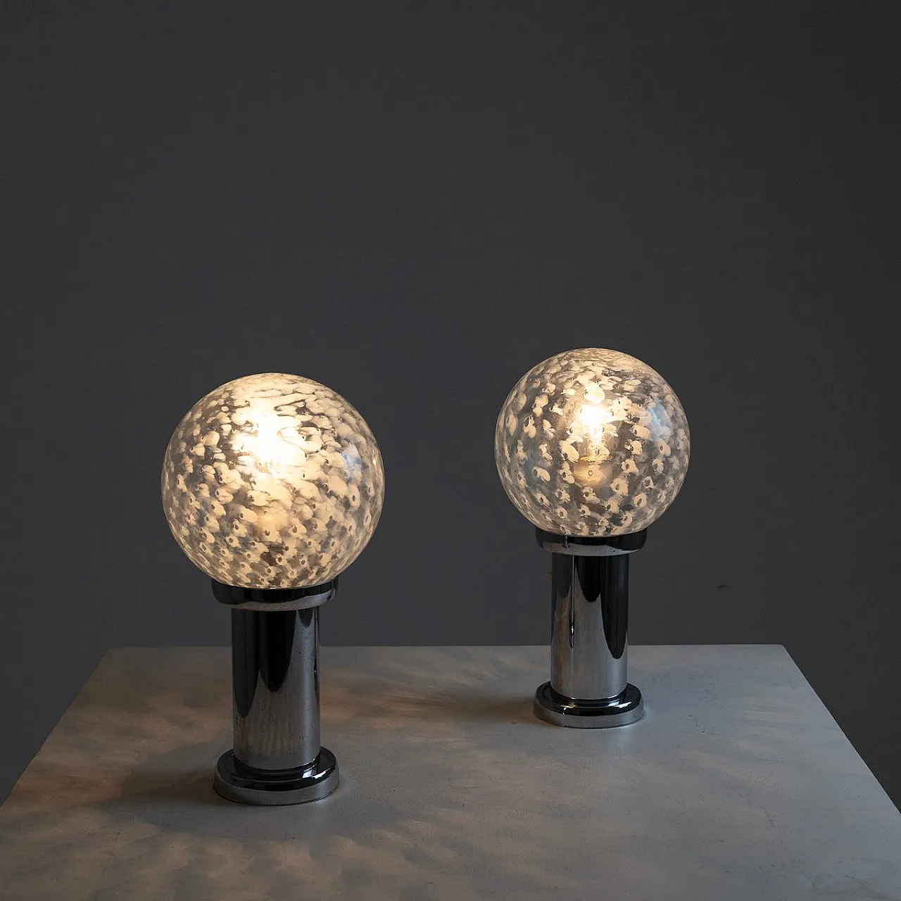 Pair of chromed metal and glass table lamps, 1960s 8