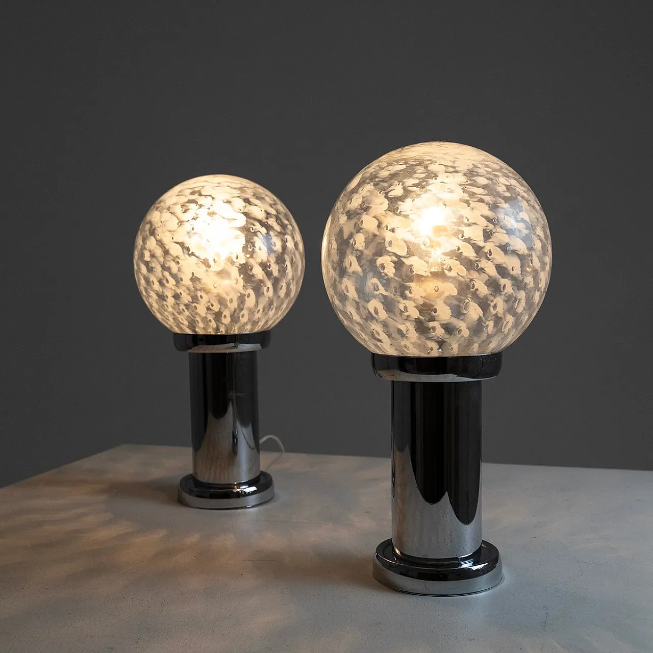 Pair of chromed metal and glass table lamps, 1960s 9