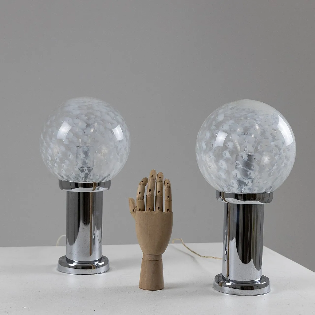 Pair of chromed metal and glass table lamps, 1960s 10