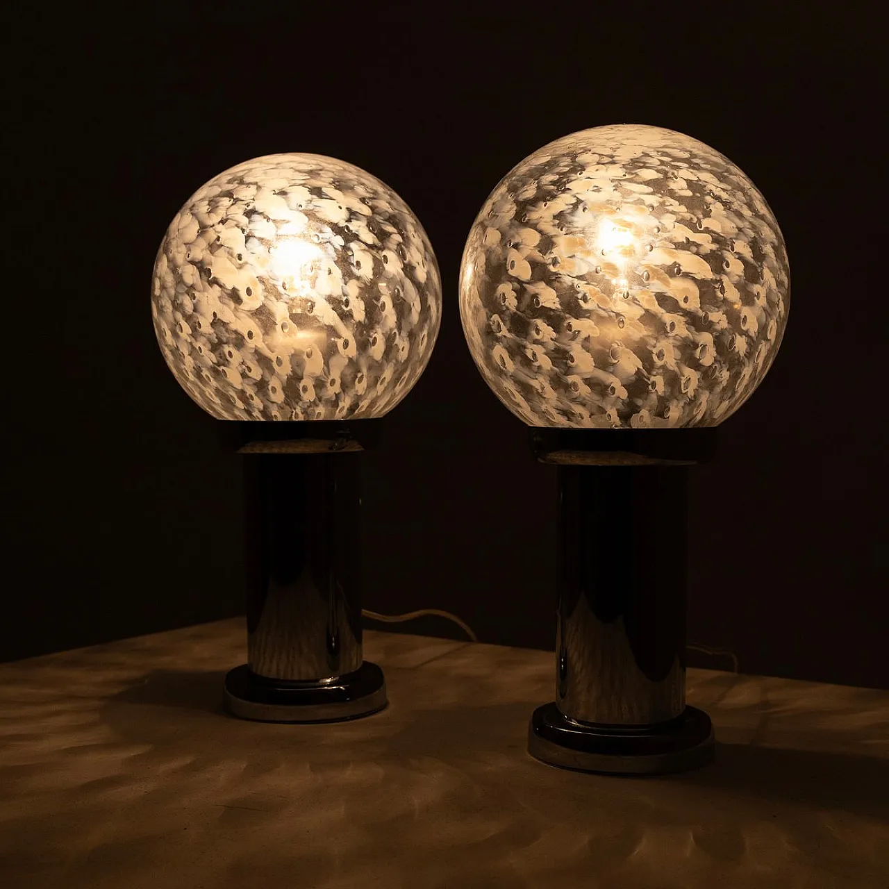 Pair of chromed metal and glass table lamps, 1960s 11