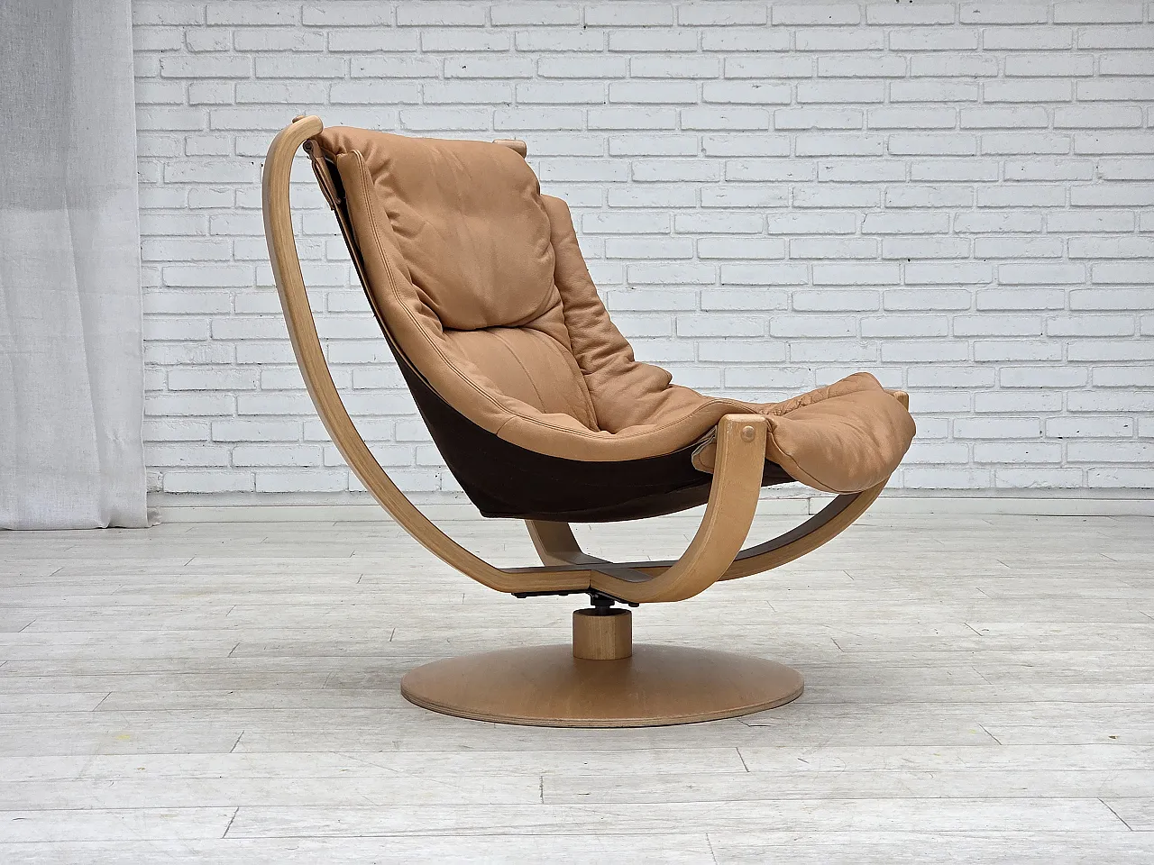 1980s, Scandinavian swivel armchair, furniture leather, bent wood. 2