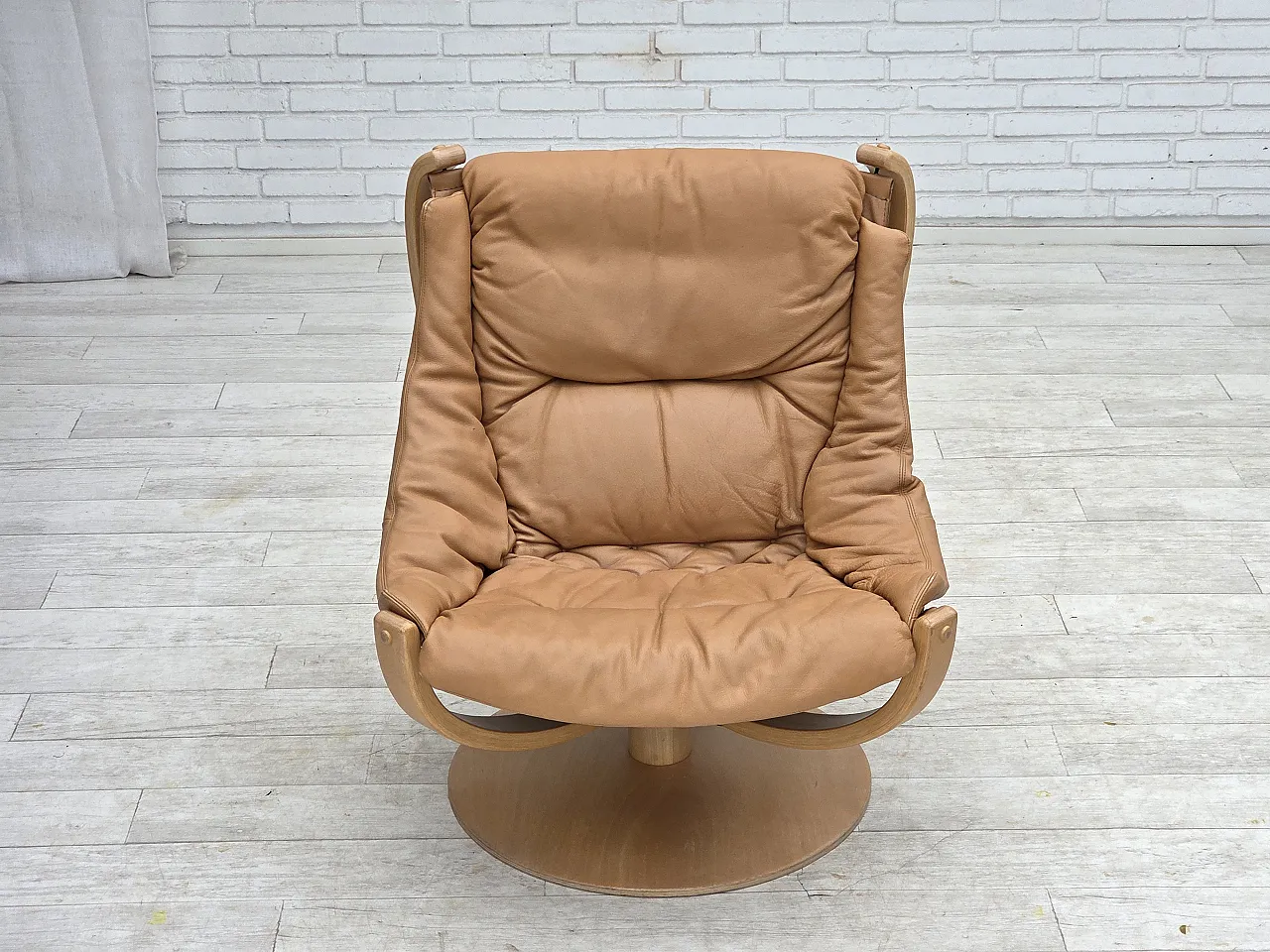 1980s, Scandinavian swivel armchair, furniture leather, bent wood. 5