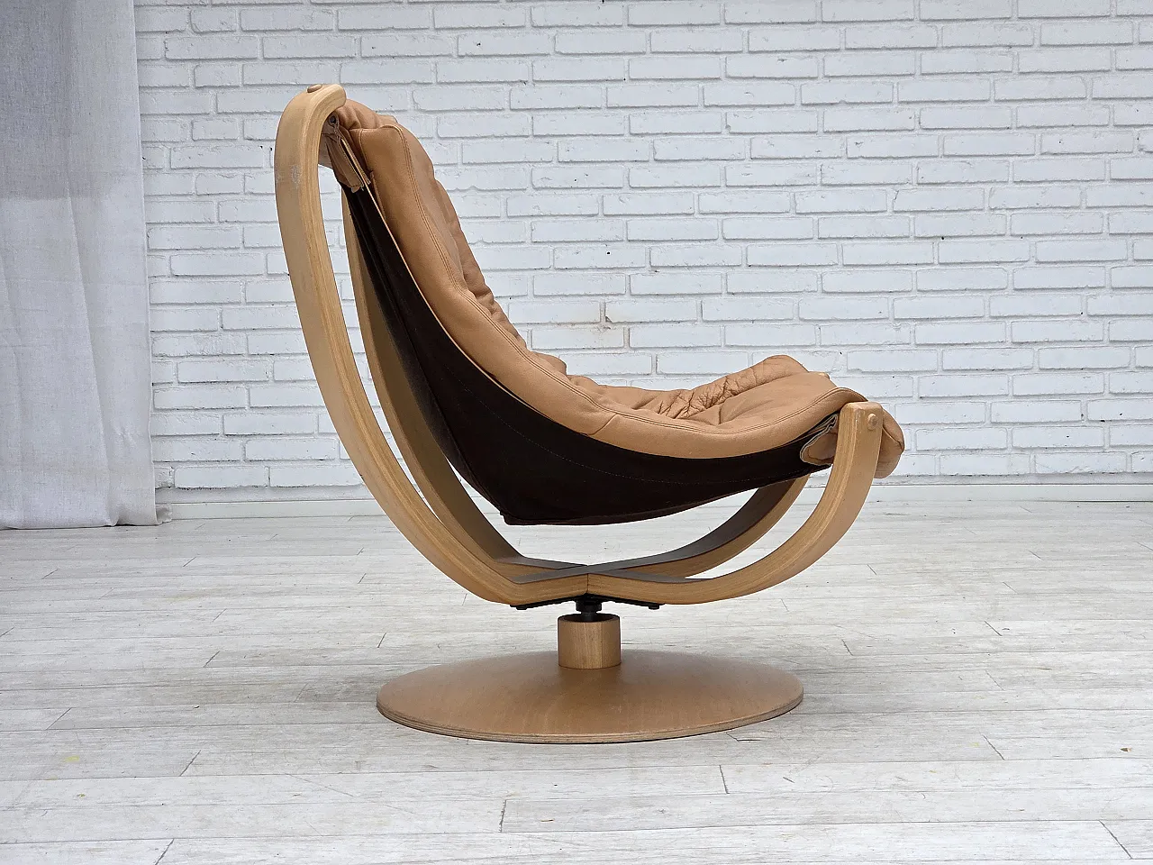 1980s, Scandinavian swivel armchair, furniture leather, bent wood. 6