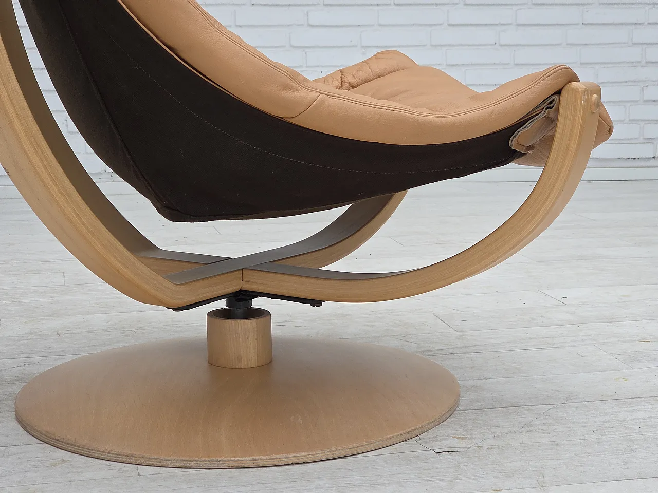 1980s, Scandinavian swivel armchair, furniture leather, bent wood. 7
