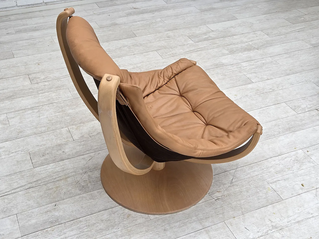 1980s, Scandinavian swivel armchair, furniture leather, bent wood. 8