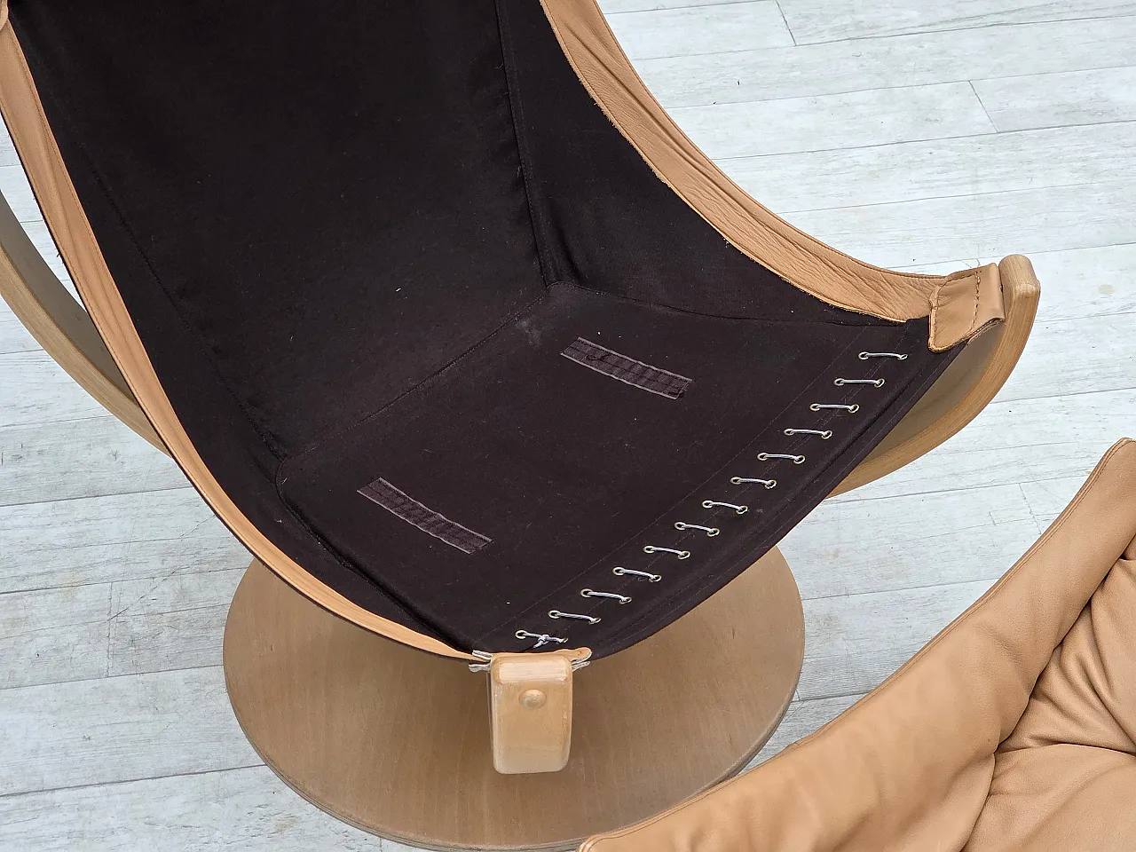 1980s, Scandinavian swivel armchair, furniture leather, bent wood. 10