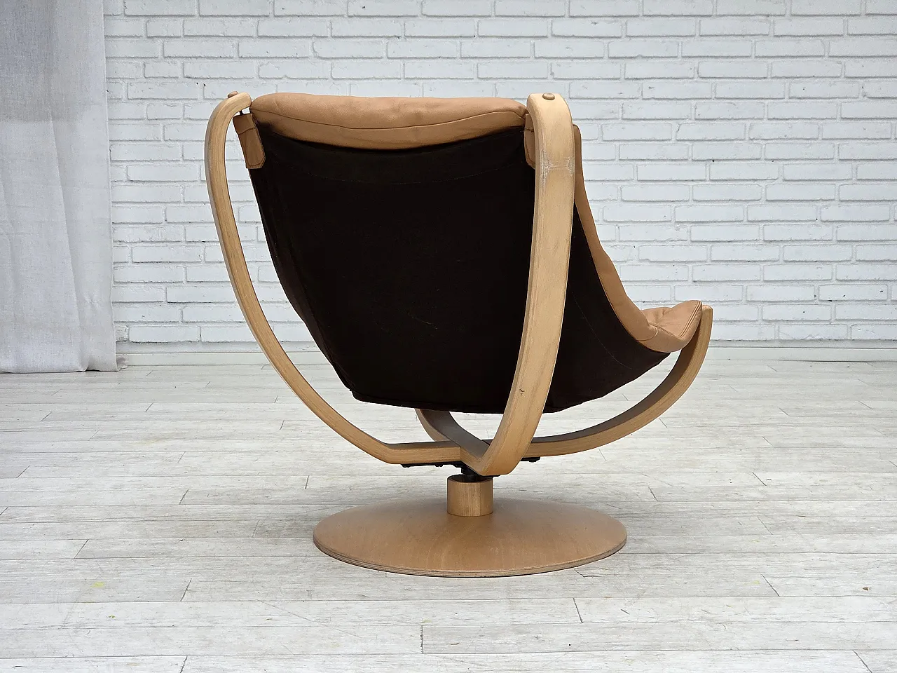 1980s, Scandinavian swivel armchair, furniture leather, bent wood. 11