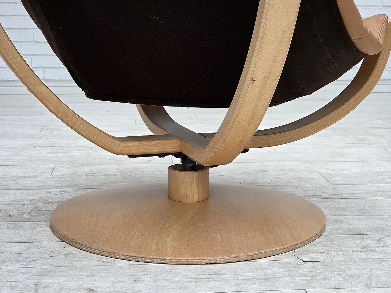 1980s, Scandinavian swivel armchair, furniture leather, bent wood. 12