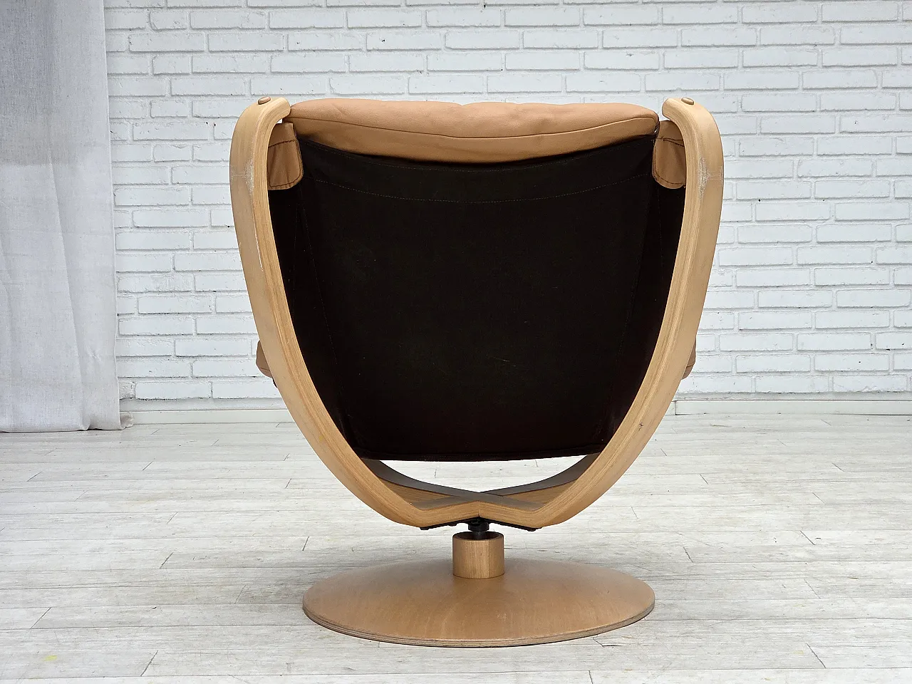 1980s, Scandinavian swivel armchair, furniture leather, bent wood. 13