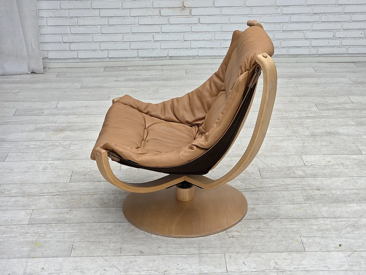 1980s, Scandinavian swivel armchair, furniture leather, bent wood. 15