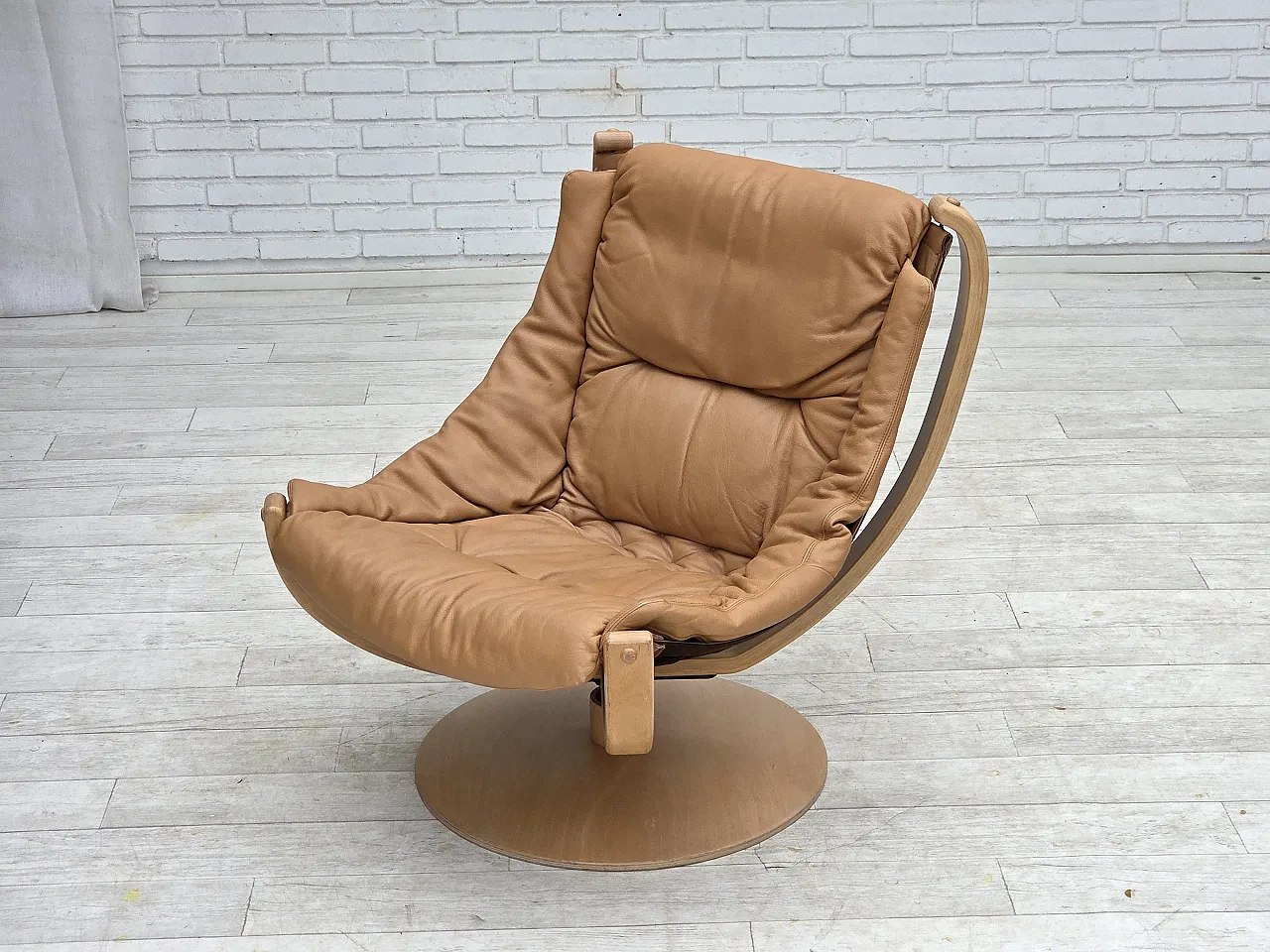 1980s, Scandinavian swivel armchair, furniture leather, bent wood. 16