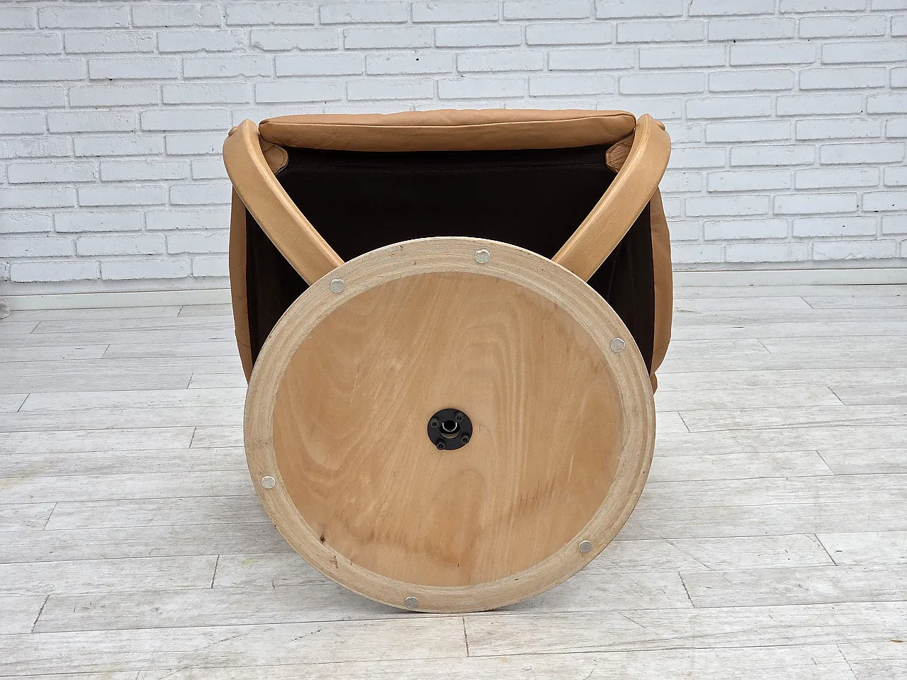 1980s, Scandinavian swivel armchair, furniture leather, bent wood. 18