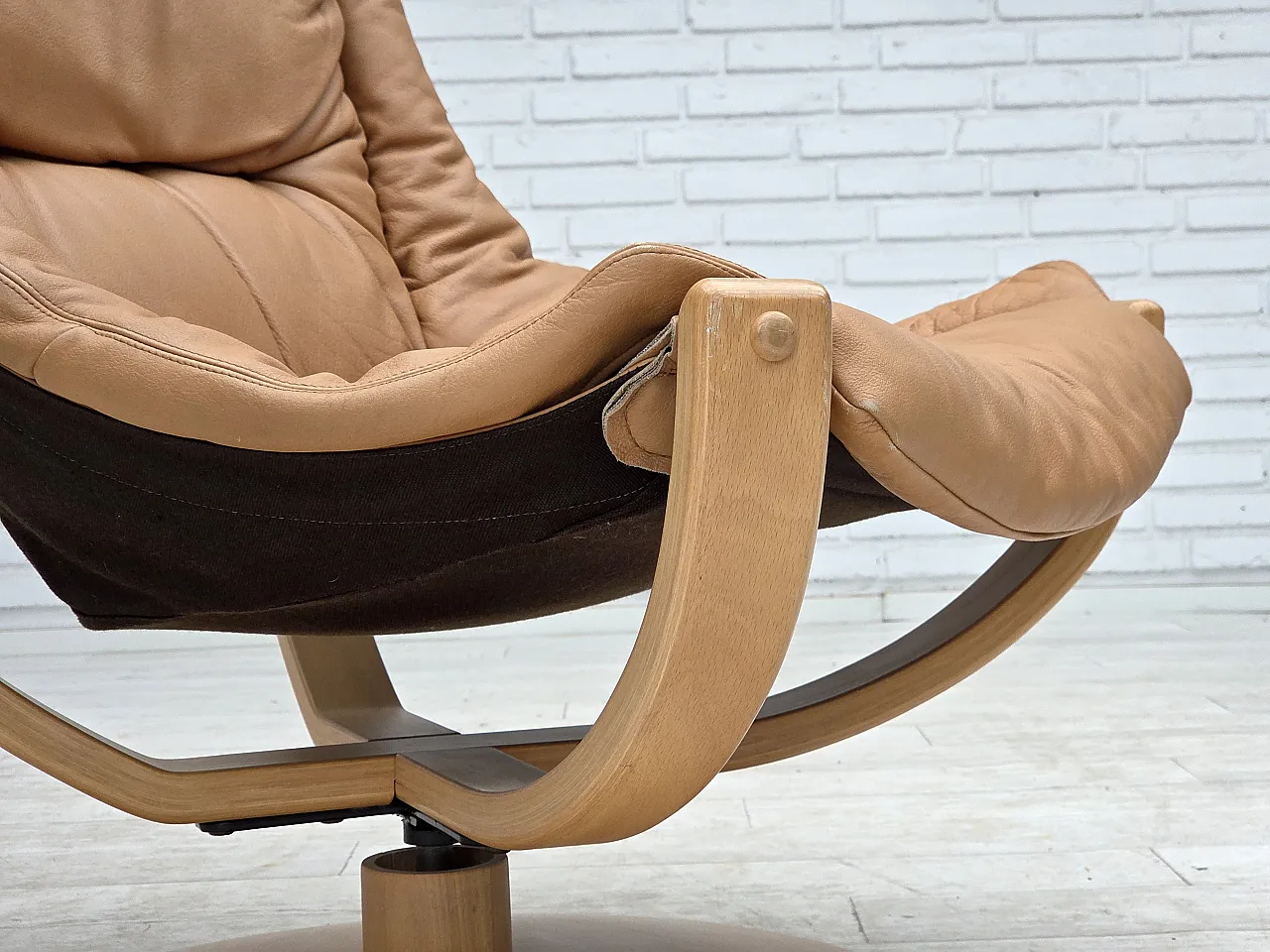 1980s, Scandinavian swivel armchair, furniture leather, bent wood. 20