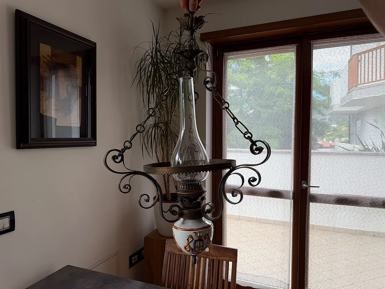 Italian Ceramic and Wrought Iron Oil-Lamp Style Pendant, 70s 1