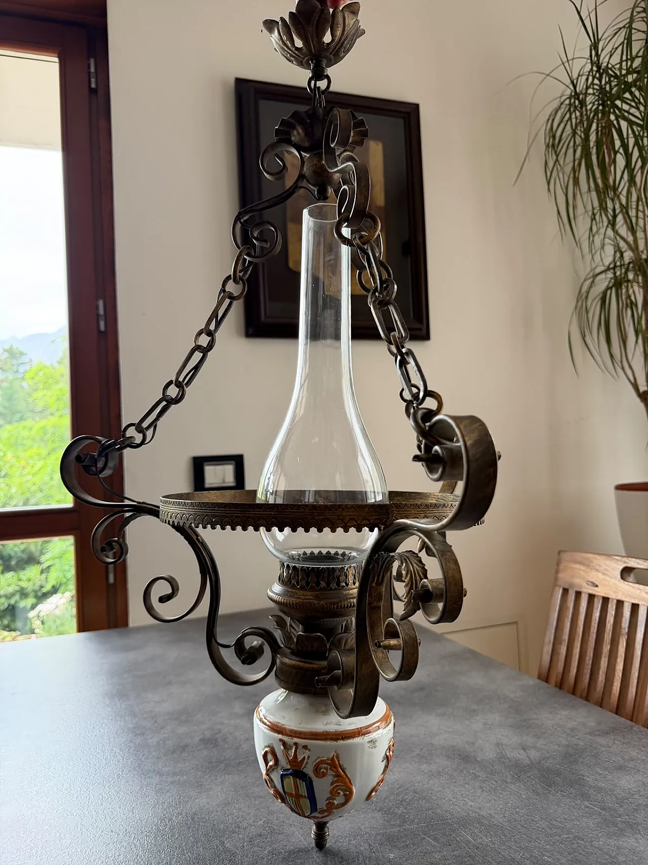 Italian Ceramic and Wrought Iron Oil-Lamp Style Pendant, 70s 2