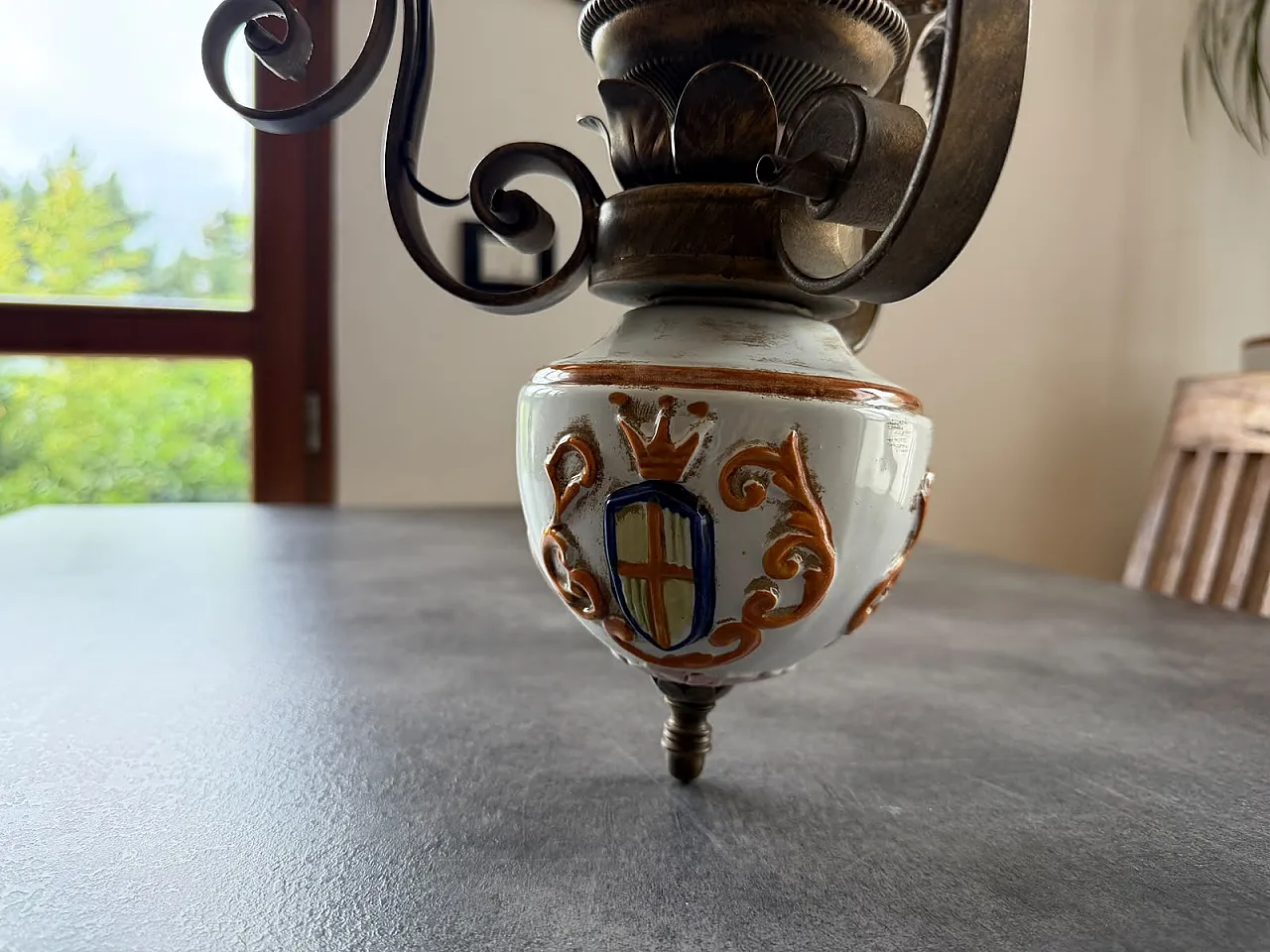 Italian Ceramic and Wrought Iron Oil-Lamp Style Pendant, 70s 3