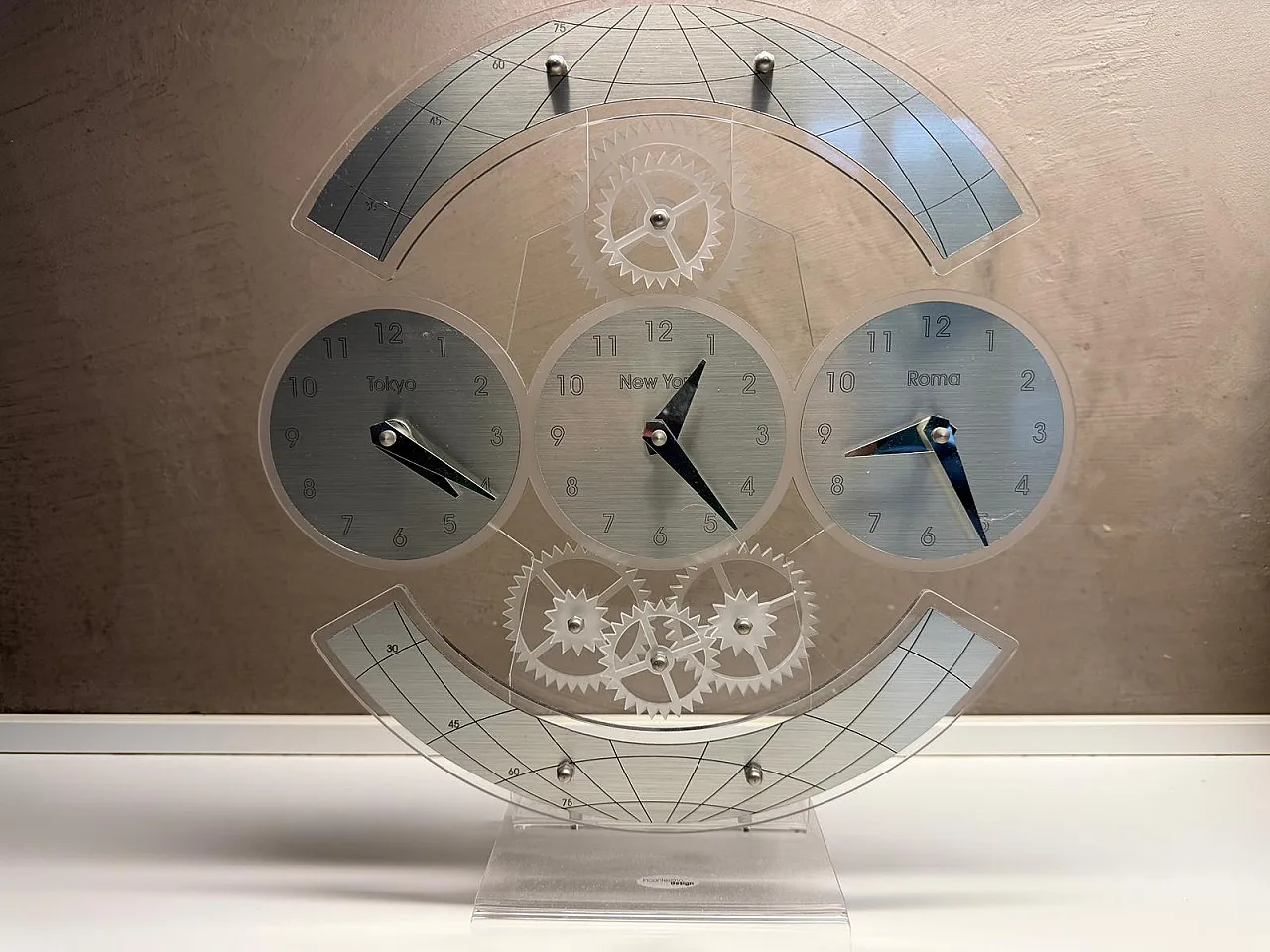 Postmodern Plexiglass Triple Time Zone Clock, 1990s 4