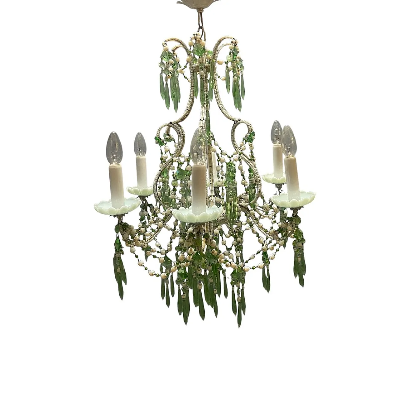 Lampadario in vetro opalino con gocce in cristallo blu e verde, anni '50 1