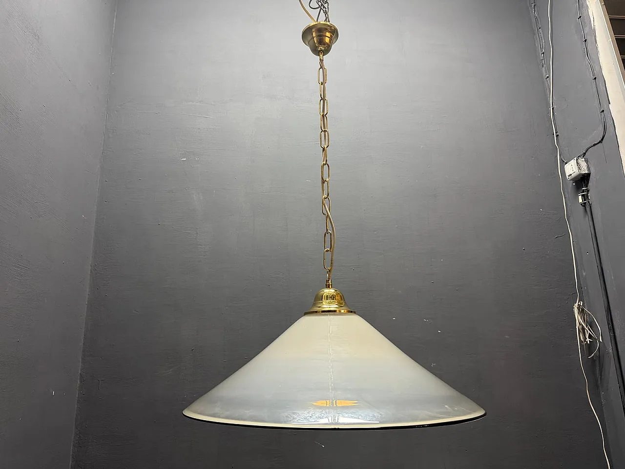 Mid-Century white Murano glass pendant lamp with black border, Italy, 1970s 11