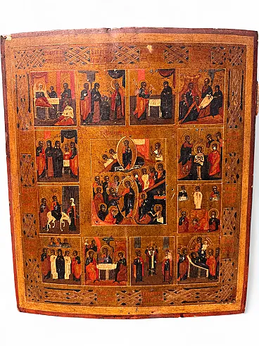 Russian icon on panel, the Twelve Great Feasts, 19th century