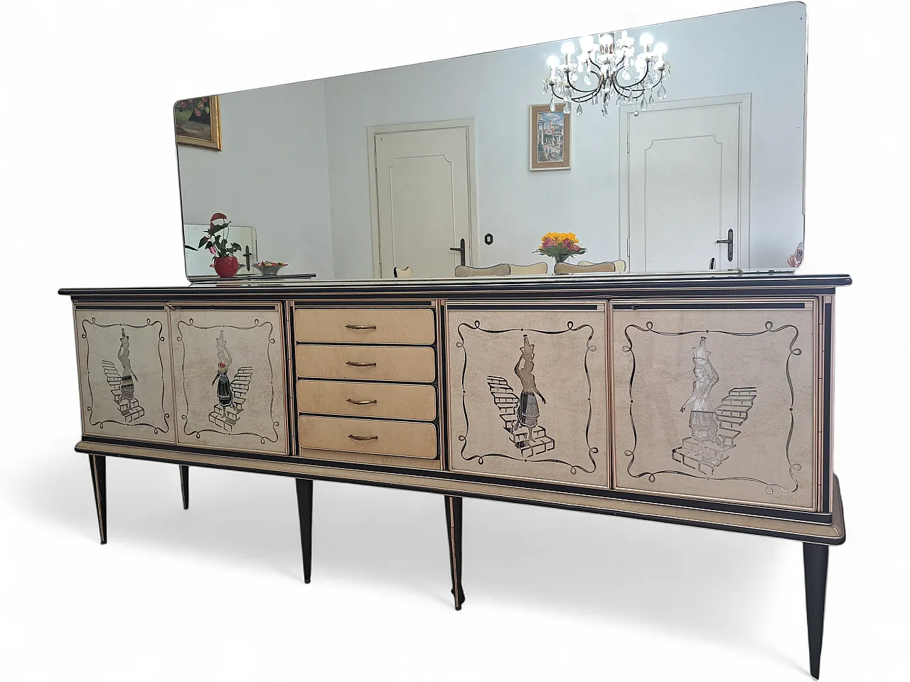 Mascagni sideboard with painted panels and mirror, 1950s 8