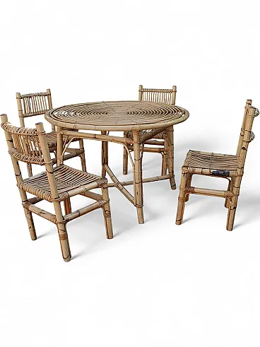 Table with 4 chairs in bamboo, 1970s