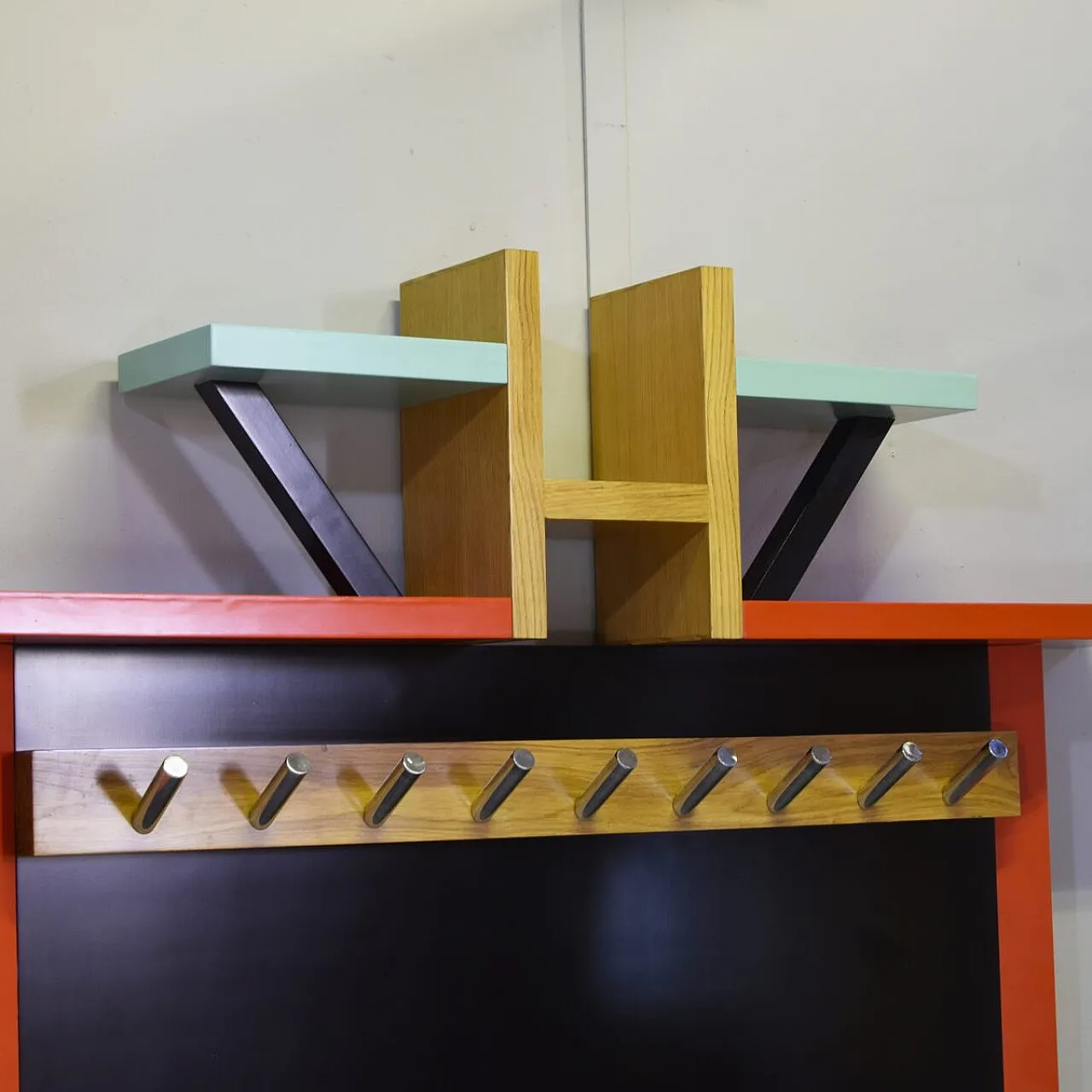 Wall coat rack in polychrome lacquered wood by Ettore Sottsass, 1980s 5