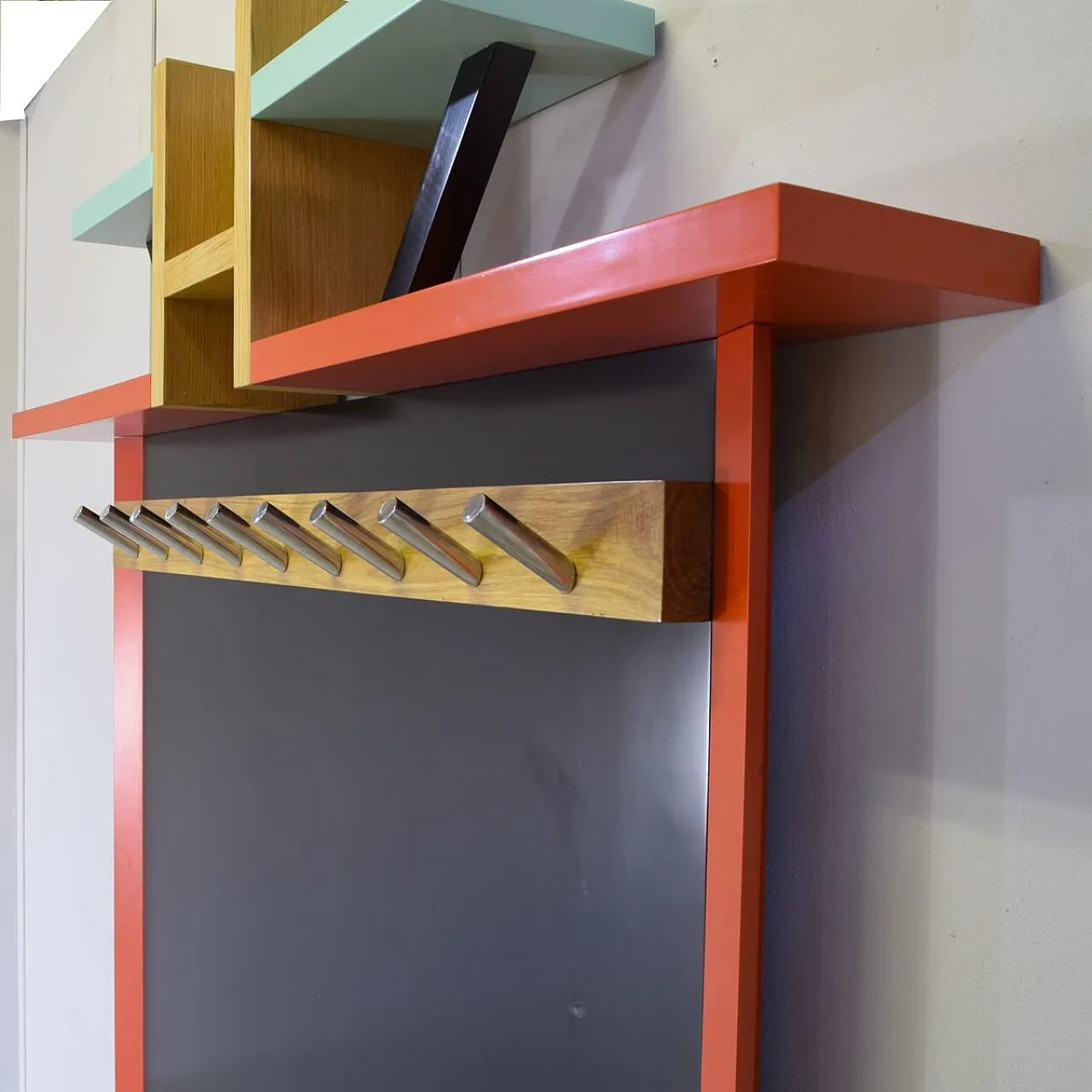 Wall coat rack in polychrome lacquered wood by Ettore Sottsass, 1980s 6