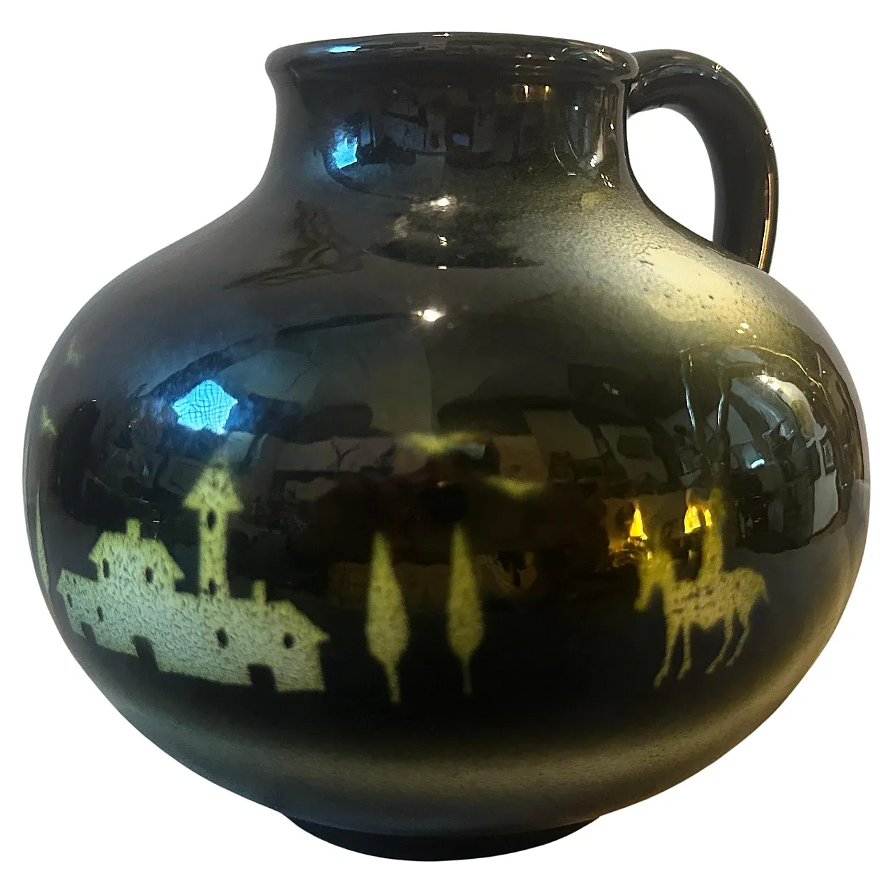 Brocca in ceramica nera e gialla Art Deco spazzolata ad aria, anni '30 1