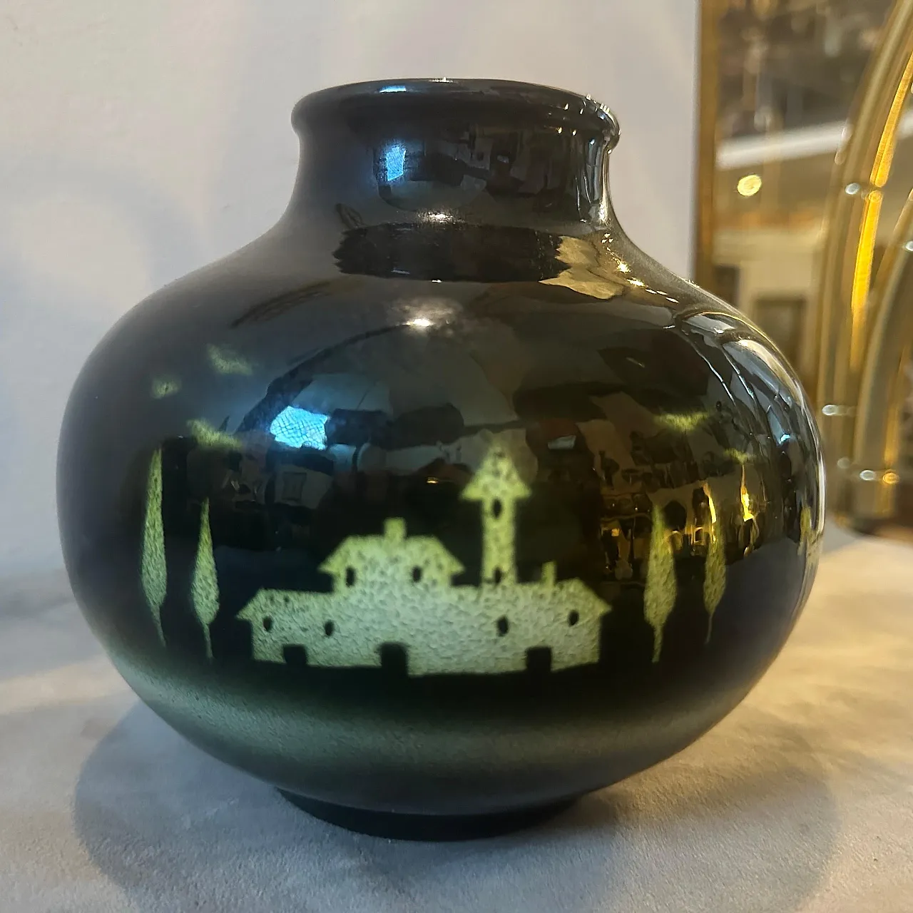 Brocca in ceramica nera e gialla Art Deco spazzolata ad aria, anni '30 8