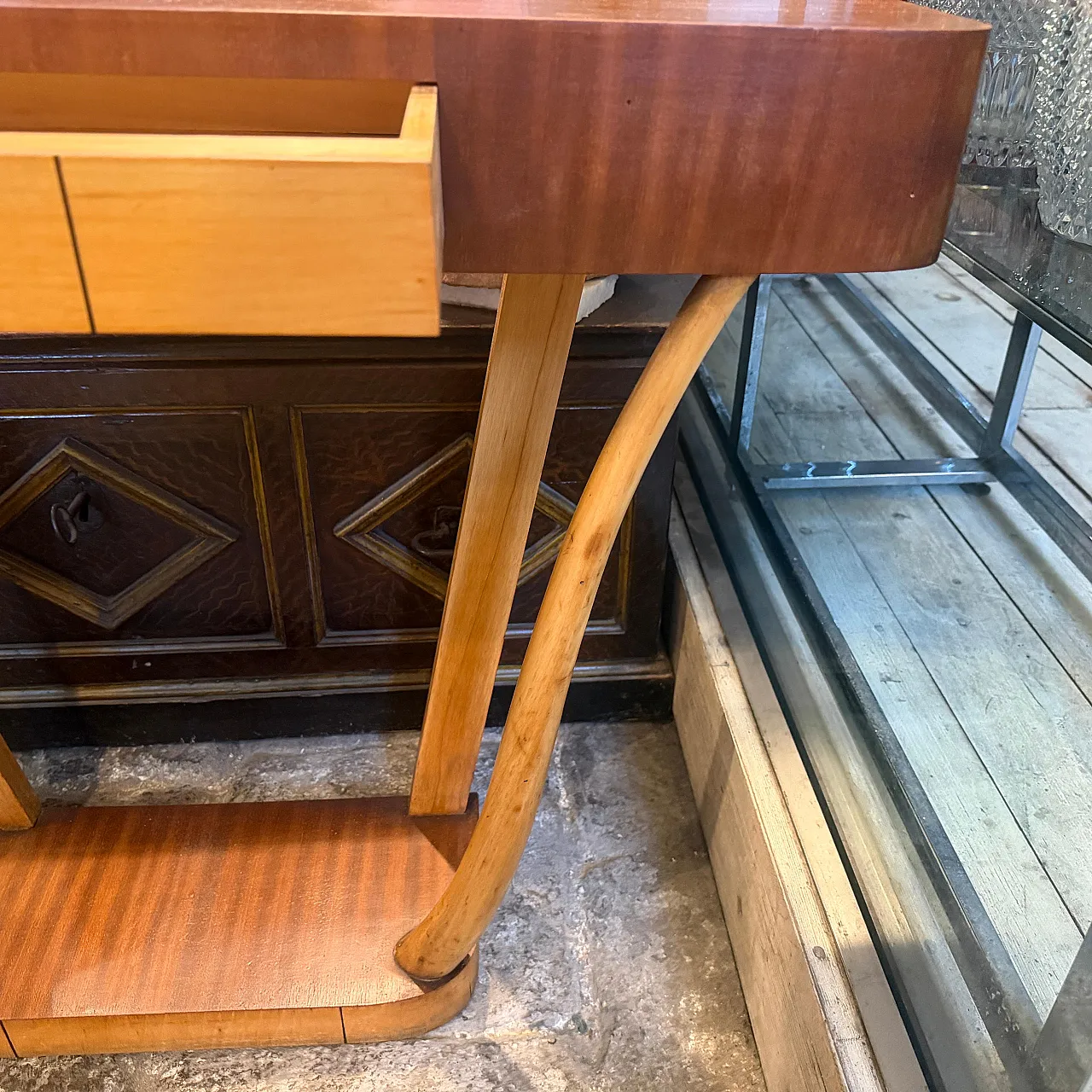 Gio Ponti style Mid-Century Modern wood console, 1950s 4