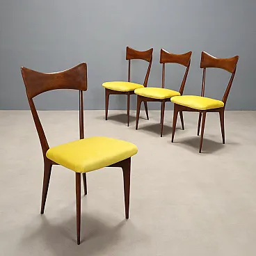 4 Chairs in wood and velvet, mid-20th century