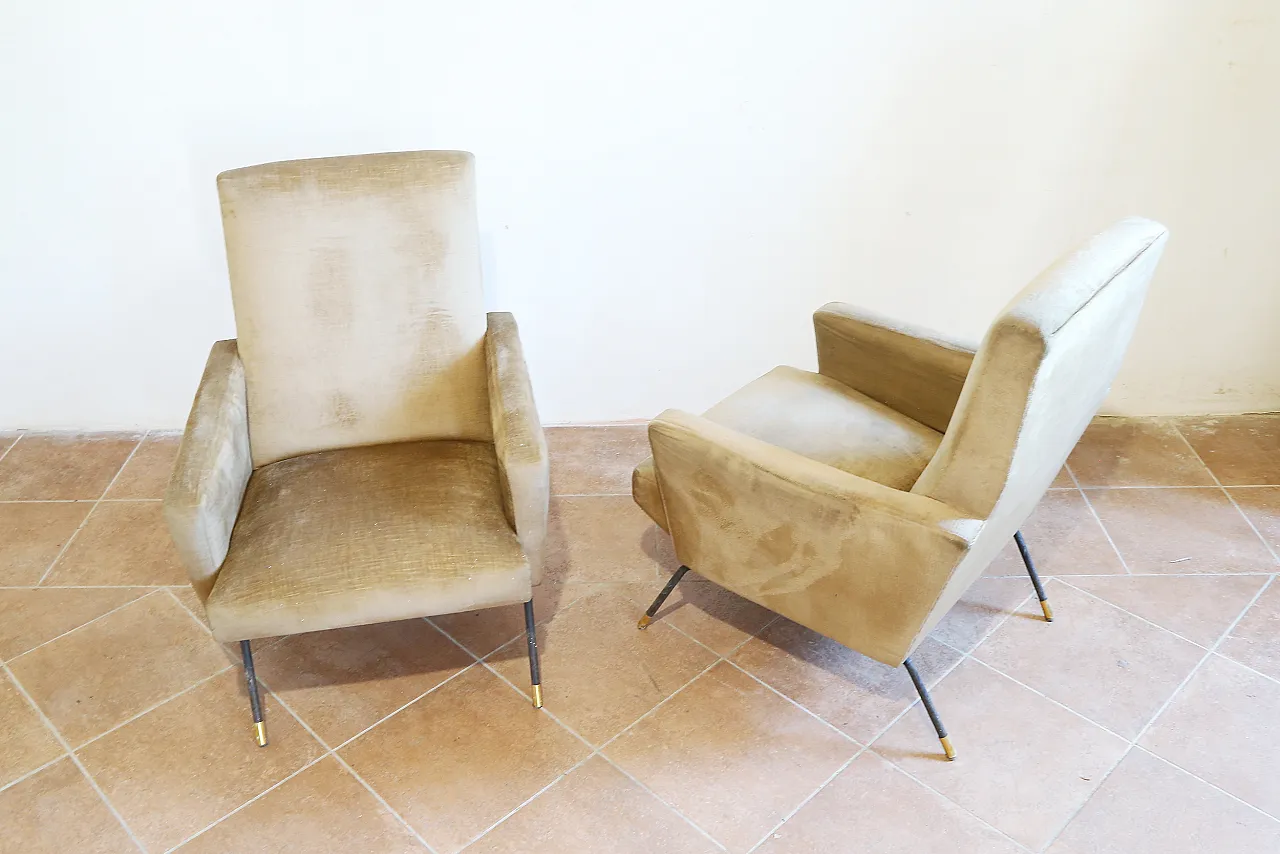 Pair of golden velvet armchairs by Zanuso, mid-20th century 2