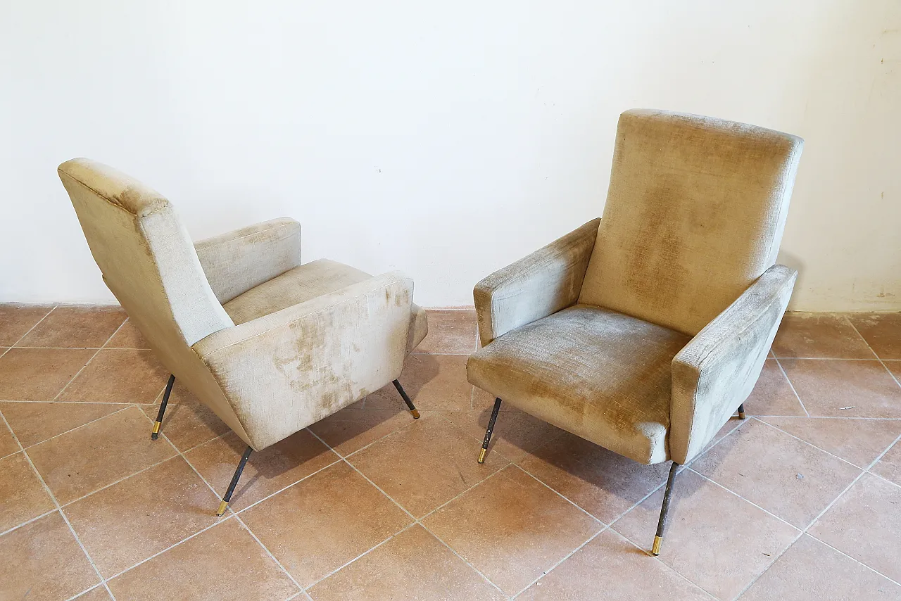 Pair of golden velvet armchairs by Zanuso, mid-20th century 3