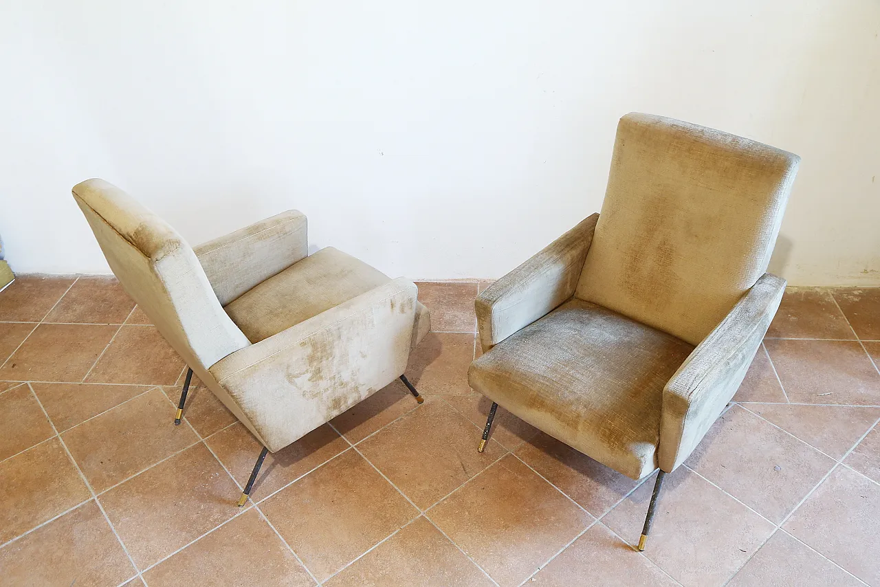 Pair of golden velvet armchairs by Zanuso, mid-20th century 4