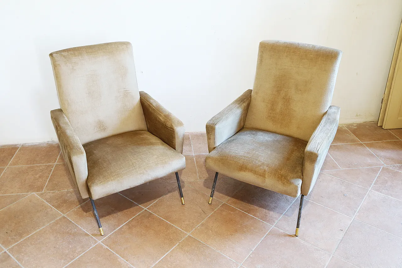 Pair of golden velvet armchairs by Zanuso, mid-20th century 5
