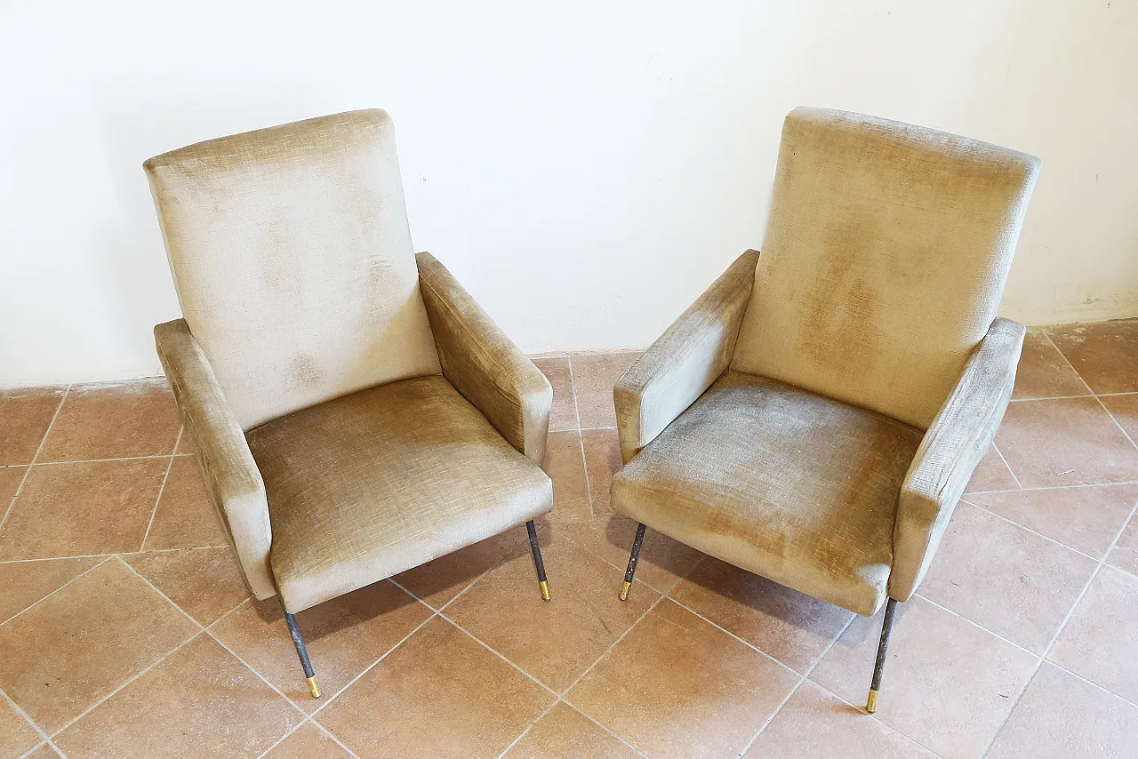 Pair of golden velvet armchairs by Zanuso, mid-20th century 6