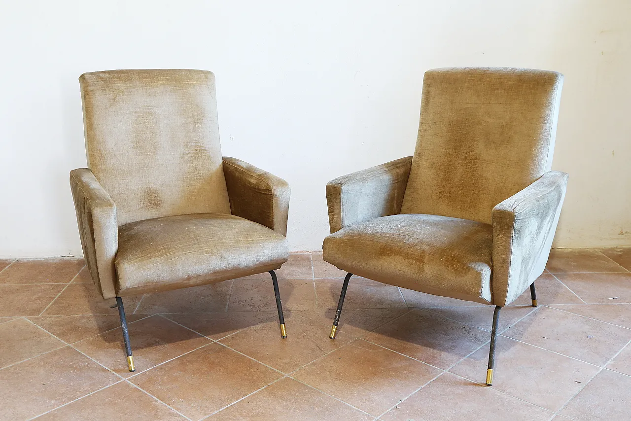 Pair of golden velvet armchairs by Zanuso, mid-20th century 7