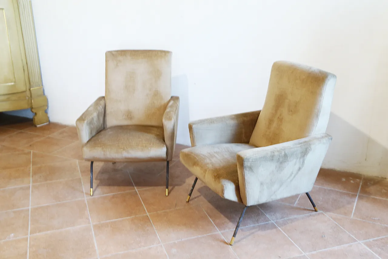 Pair of golden velvet armchairs by Zanuso, mid-20th century 8