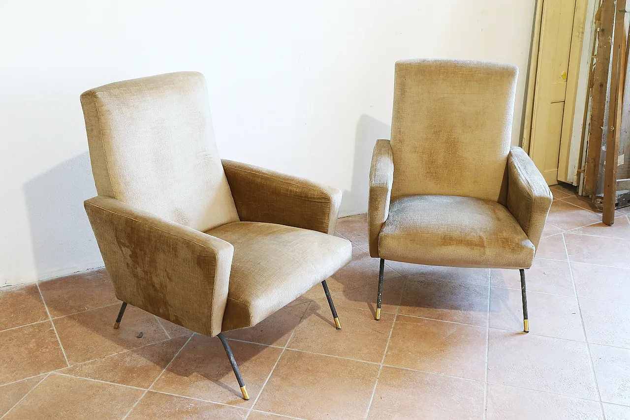 Pair of golden velvet armchairs by Zanuso, mid-20th century 9