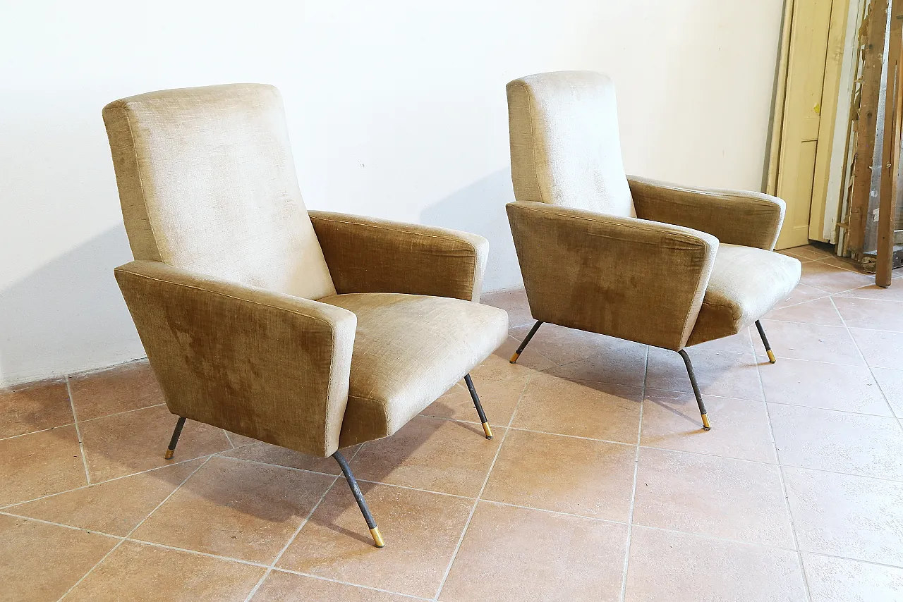 Pair of golden velvet armchairs by Zanuso, mid-20th century 10